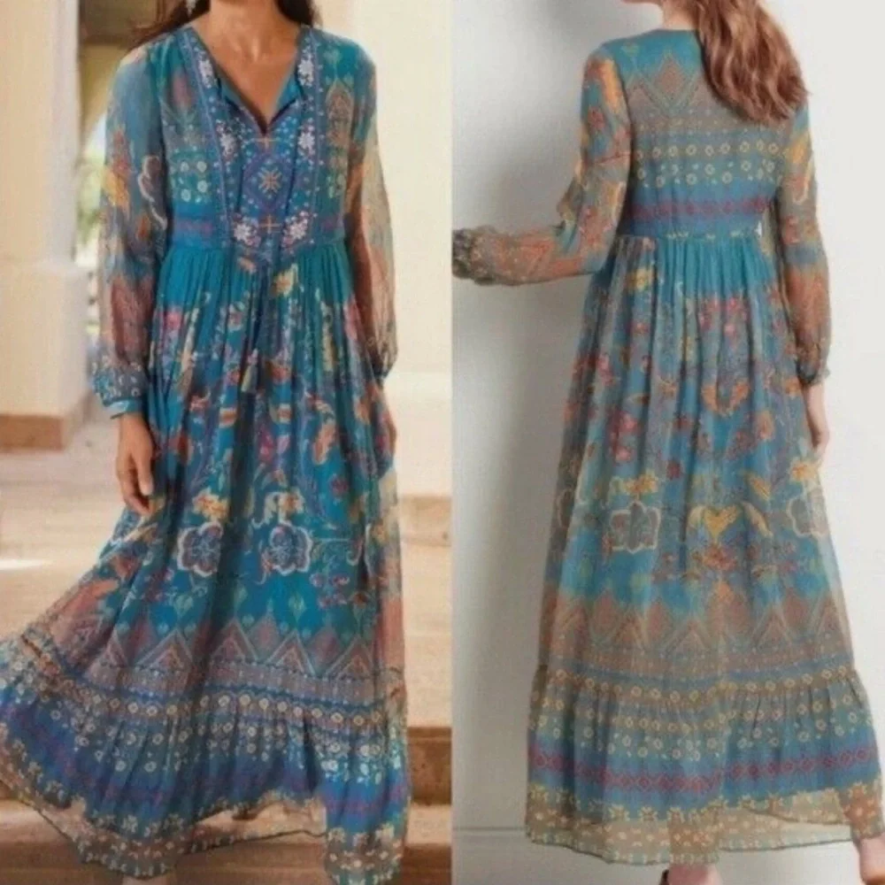 Soft Surroundings Teal Floral Embroidered Maxi Dress - Picture 2 of 9